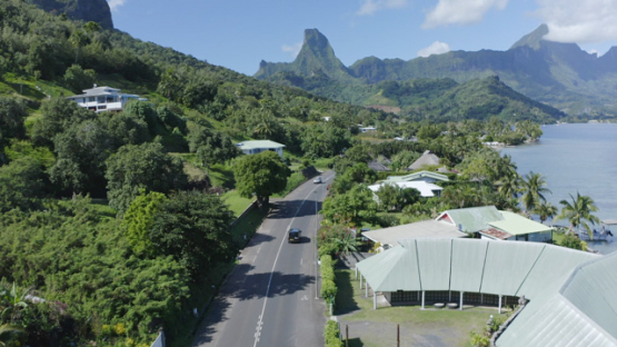 Moorea, Aerial drone view above the road in Cook s Bay, 4K UHD