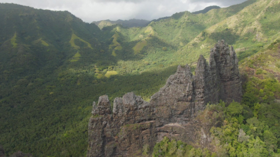 Nuku Hiva, valley of Hatiheu, aerial drone view of the rocky crest and mountains, 4K UHD