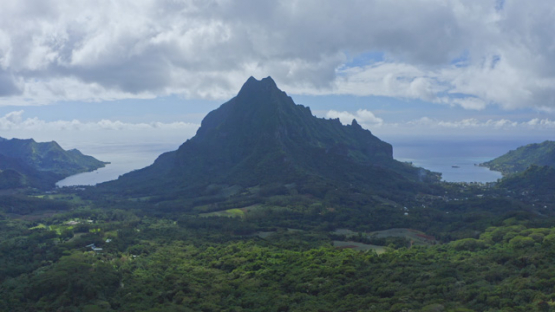 Moorea, Aerial drone view of mountain Rotui and bays, 4K UHD