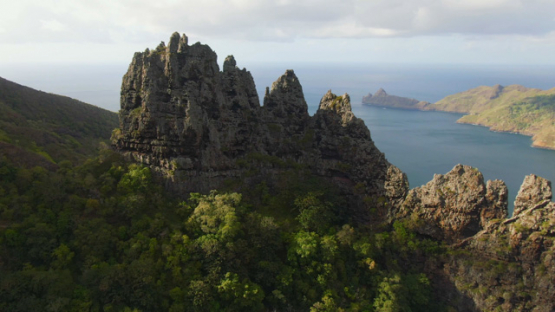 Nuku Hiva, valley of Hatiheu, aerial drone view of the rocky crest and mountains, 4K UHD