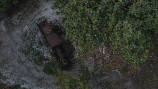 Aerial drone view of the island Makatea, little train of the phosphate mill ruins, 2K7