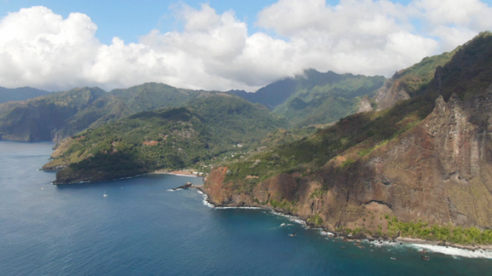 Fatu Hiva, aerial drone view of Omoa bay, marquesas islands, 4K UHD