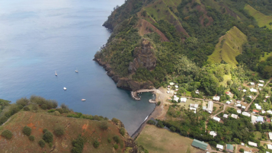 Aerial drone view of Fatu Hiva, virgins bay of Hanavave, Marquesas islands, 4K UHD