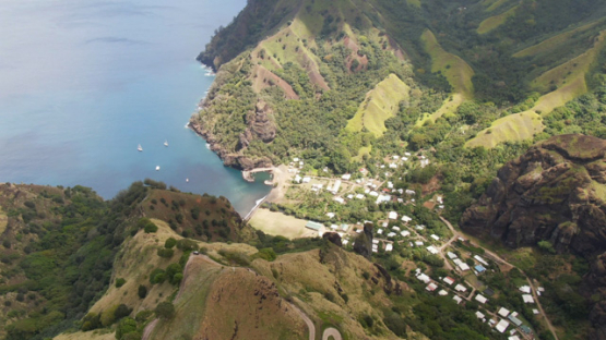 Aerial drone view of Fatu Hiva, virgins bay of Hanavave from high, Marquesas islands, 4K UHD
