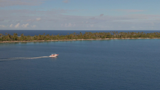 Fakarava, aerial view by drone of a motor boat navigating in the lagoon, 4K UHD