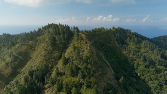 Rurutu, aerial drone view of the island from the top over the forest, 4K UHD