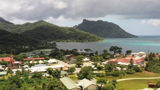 Island of Huahine, aerial view by drone of the little town Fare, 4K UHD