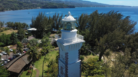 Tahiti, aerial view by drone of the lighthouse of Pointe Venus, 4K UHD