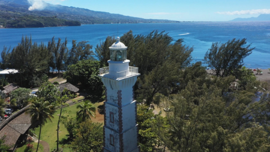 Tahiti, aerial view by drone of the lighthouse of Pointe Venus, 4K UHD