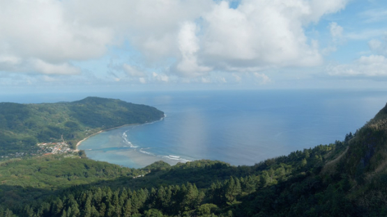 Rurutu, aerial drone view of the coast line and Moerai bay, 4K UHD