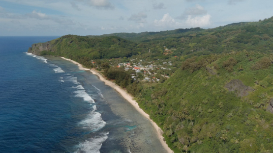 Rurutu, aerial drone view of the coast line and Hauti beach, 4K UHD
