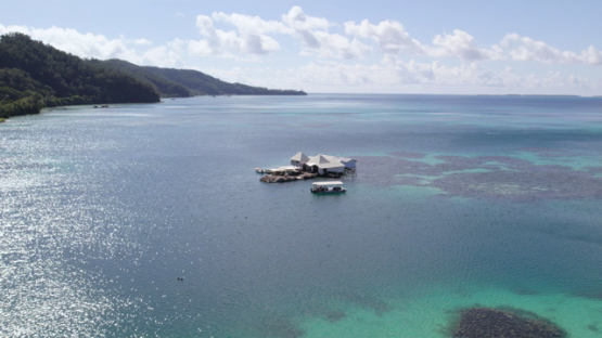 Mangareva, Aerial drone view of pearl farm, Rikitea, Gambier archipelago, 4K UHD