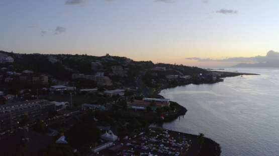 Papeete aerial drone view, Culture House at the end of the day, 4K UHD