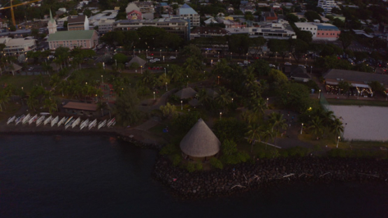 Papeete aerial drone view, park Paofai at the end of the day, 4K UHD