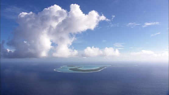 Aerial view of the atoll Tupai, Society islands, cineflex