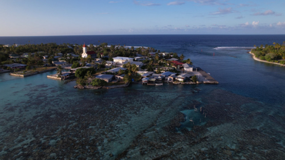Katiu, aerial drone view of the island and Pass Pakata, 5K4