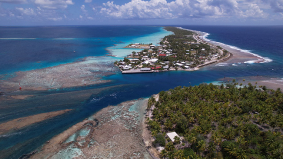 Katiu, Aerial drone view of the atoll, village Hitianau and pass, 5K4