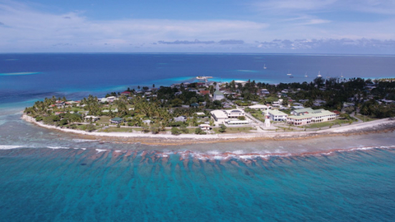 Makemo, aerial drone view of the island, village Pouheva, UHD