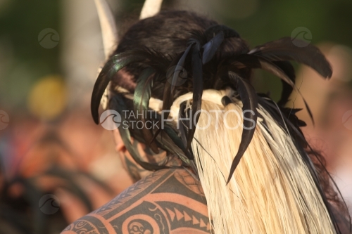 Headdress and Tatoo on Marquesian Dancer, Tatouage d'un danseur Marquisien