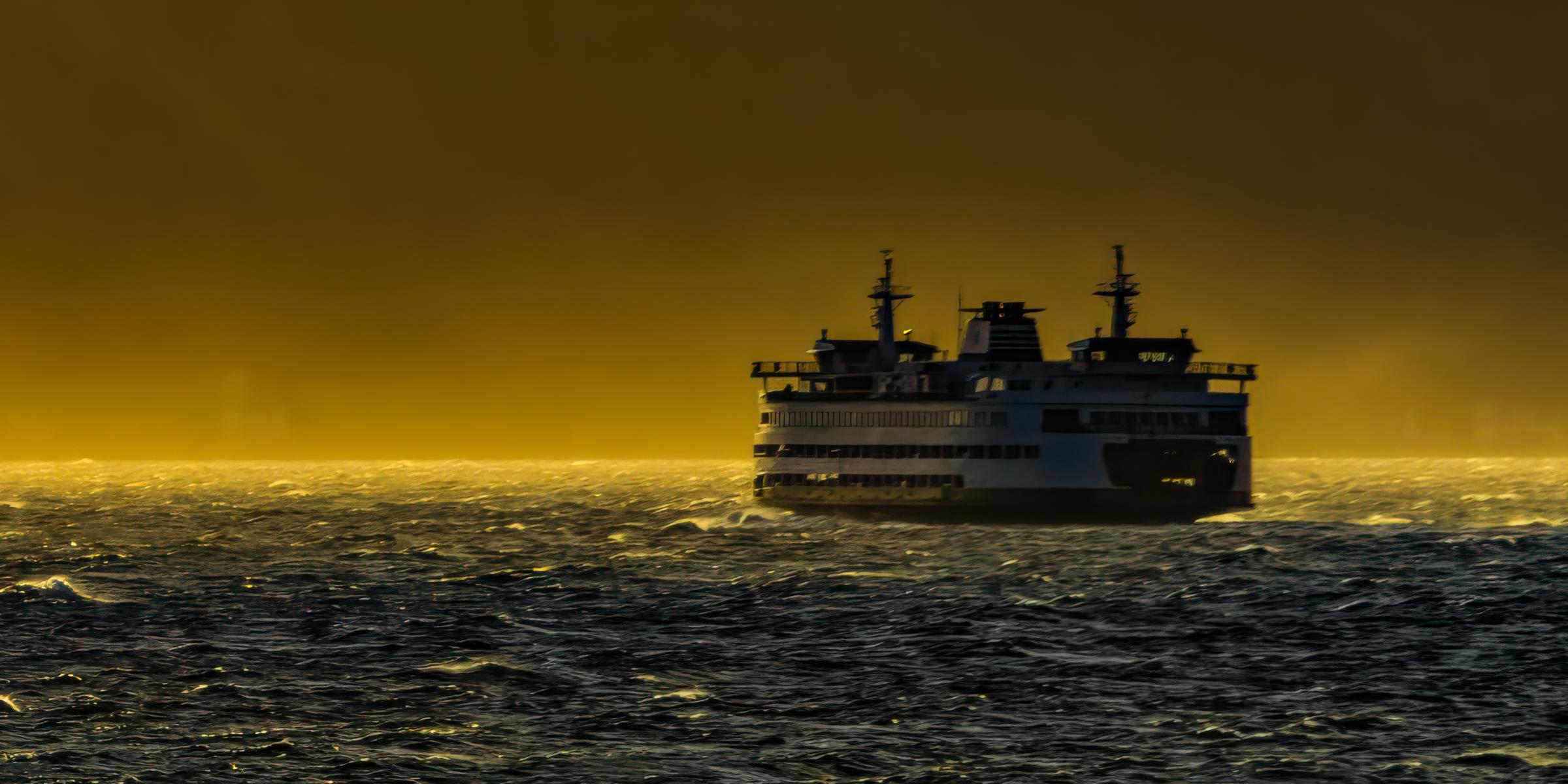 Ferry in the Foggy Harbor
