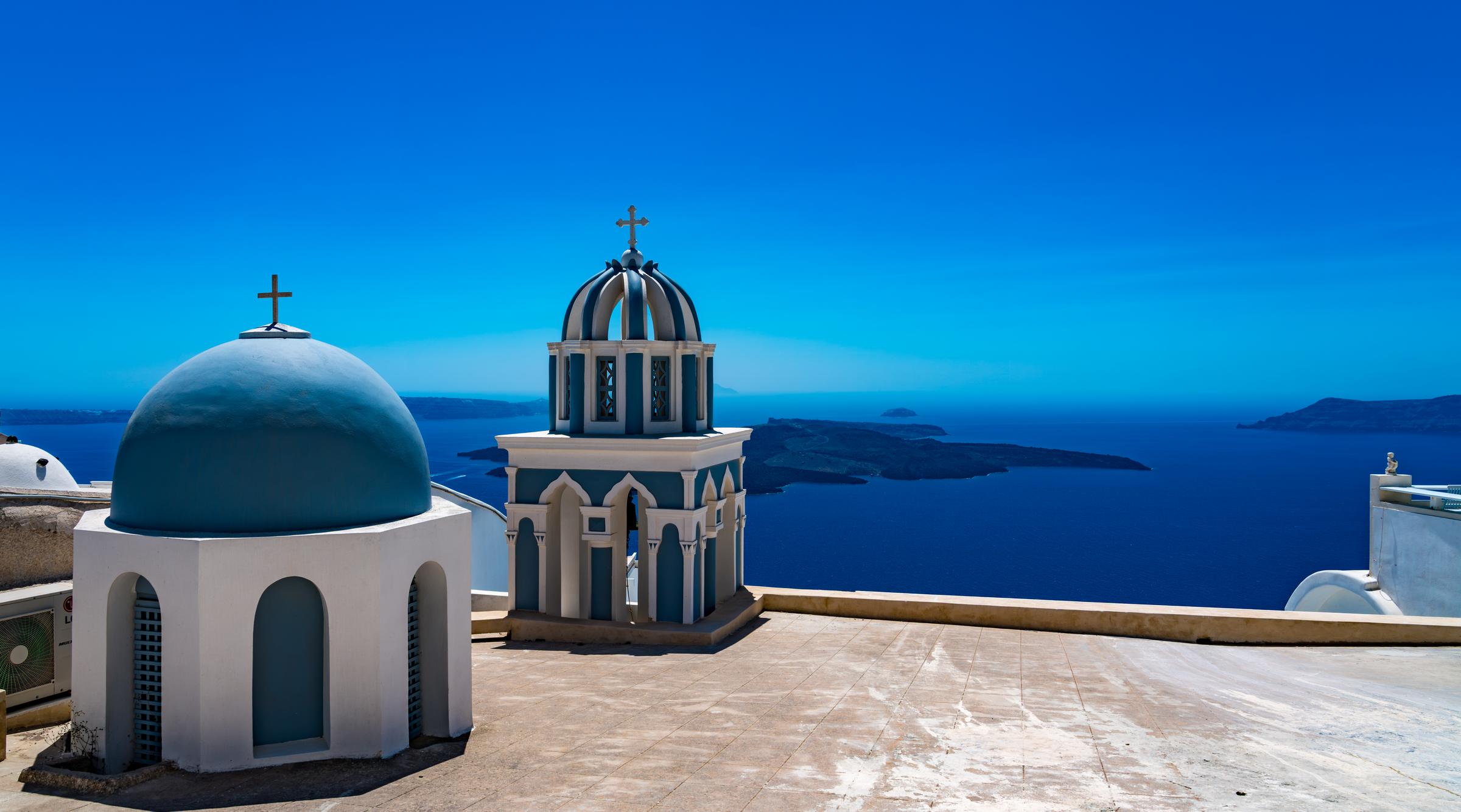Santorini Churches Overlooking the Sea Fira South Aegean Greece
