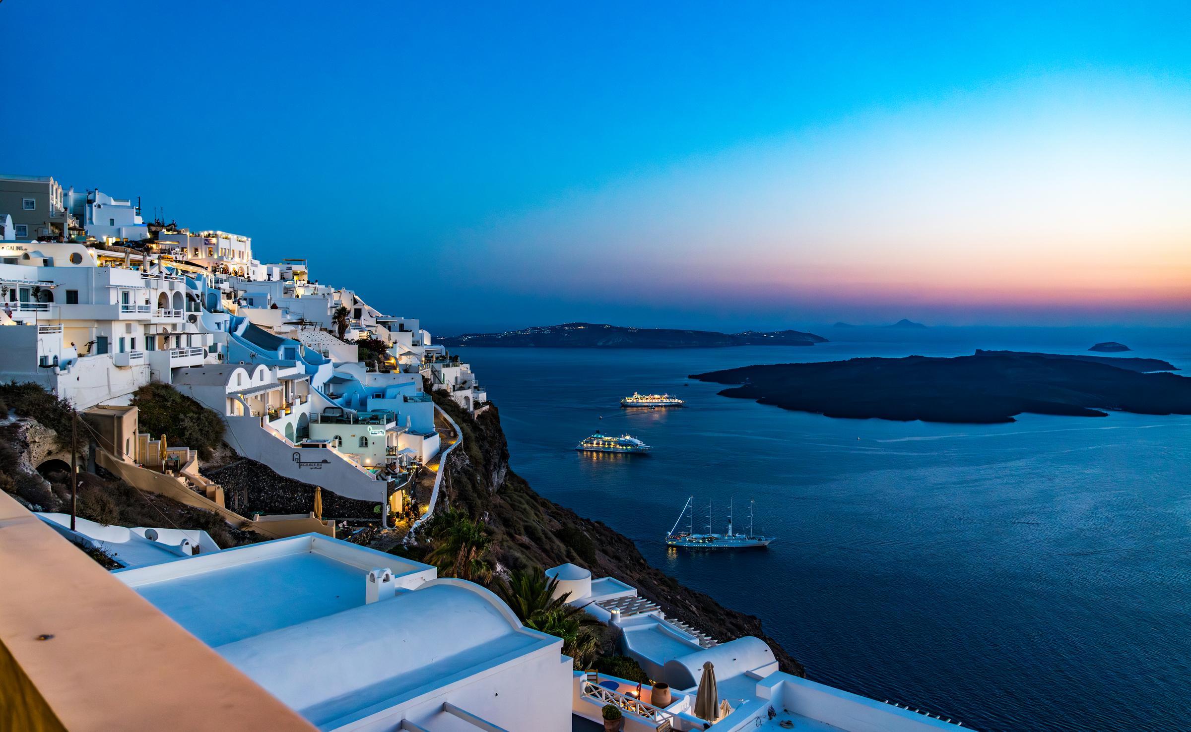 Santorini at dusk Fira South Aegean Greece