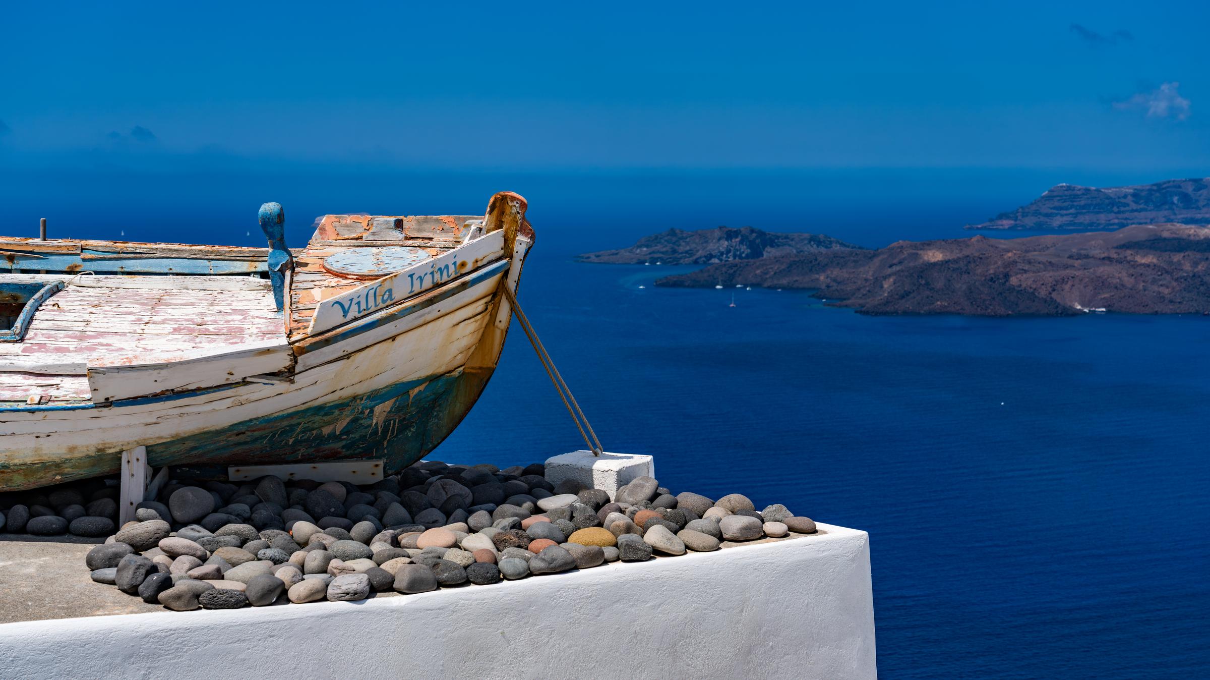 Fishing boat overlooking the Aegean Sea Fira South Aegean Greece
