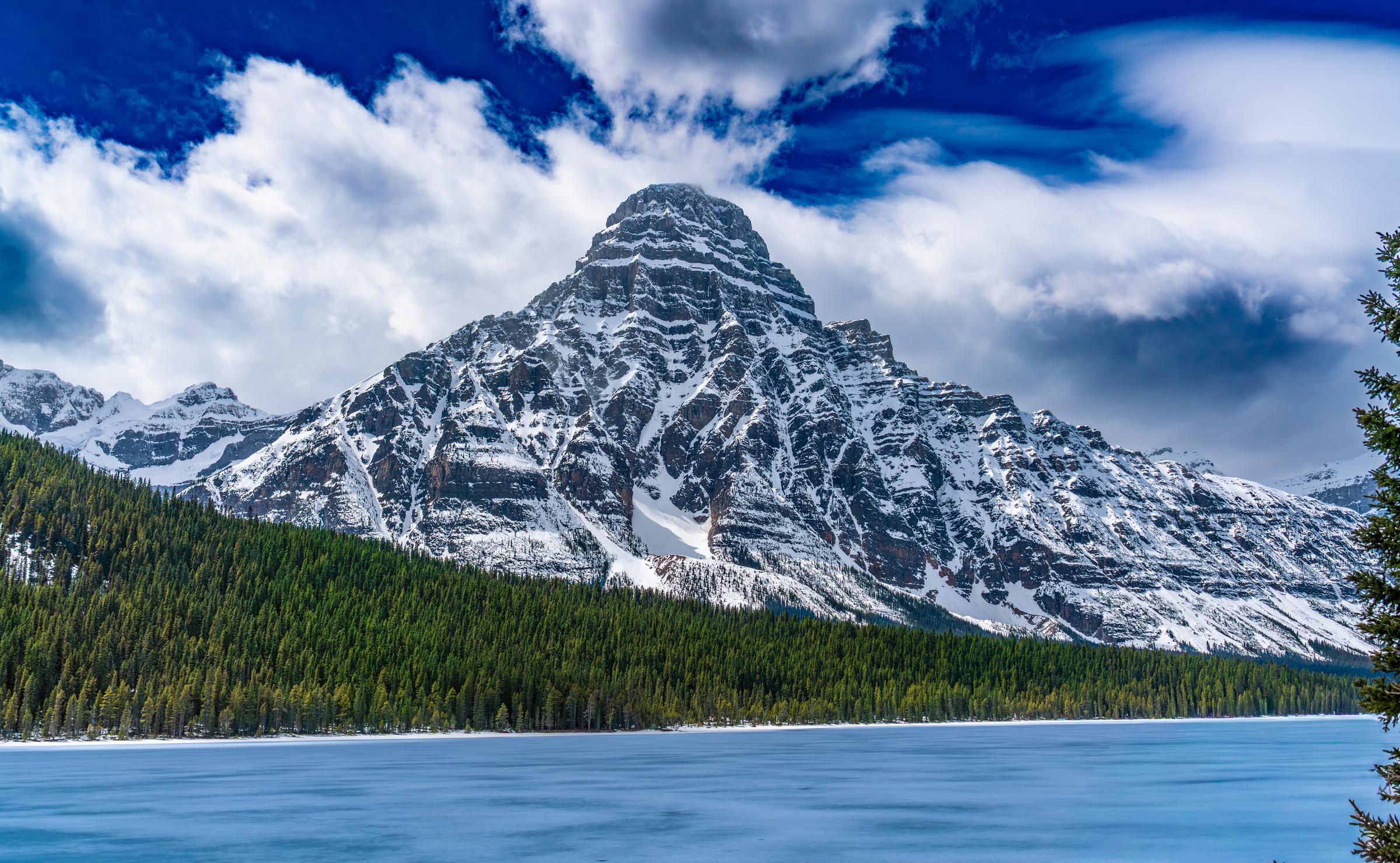 Snow-capped mountain peak Waterfowl Lake AB Canada