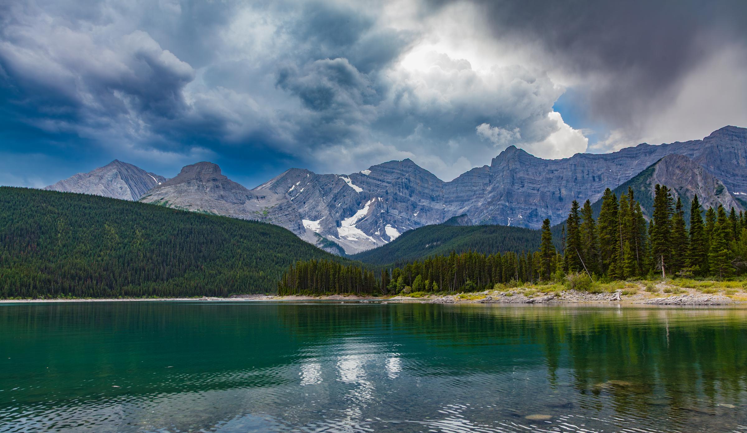 Lake with Mountain Reflection Along Transcanada AB Canada