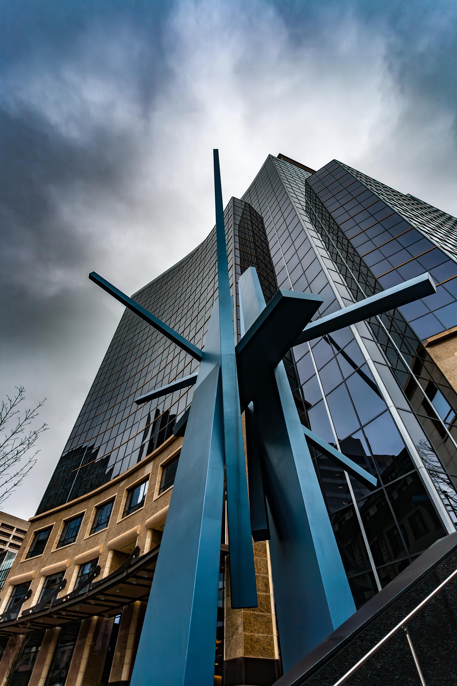 Abstract sculpture in front of skyscraper Seattle Washington United States