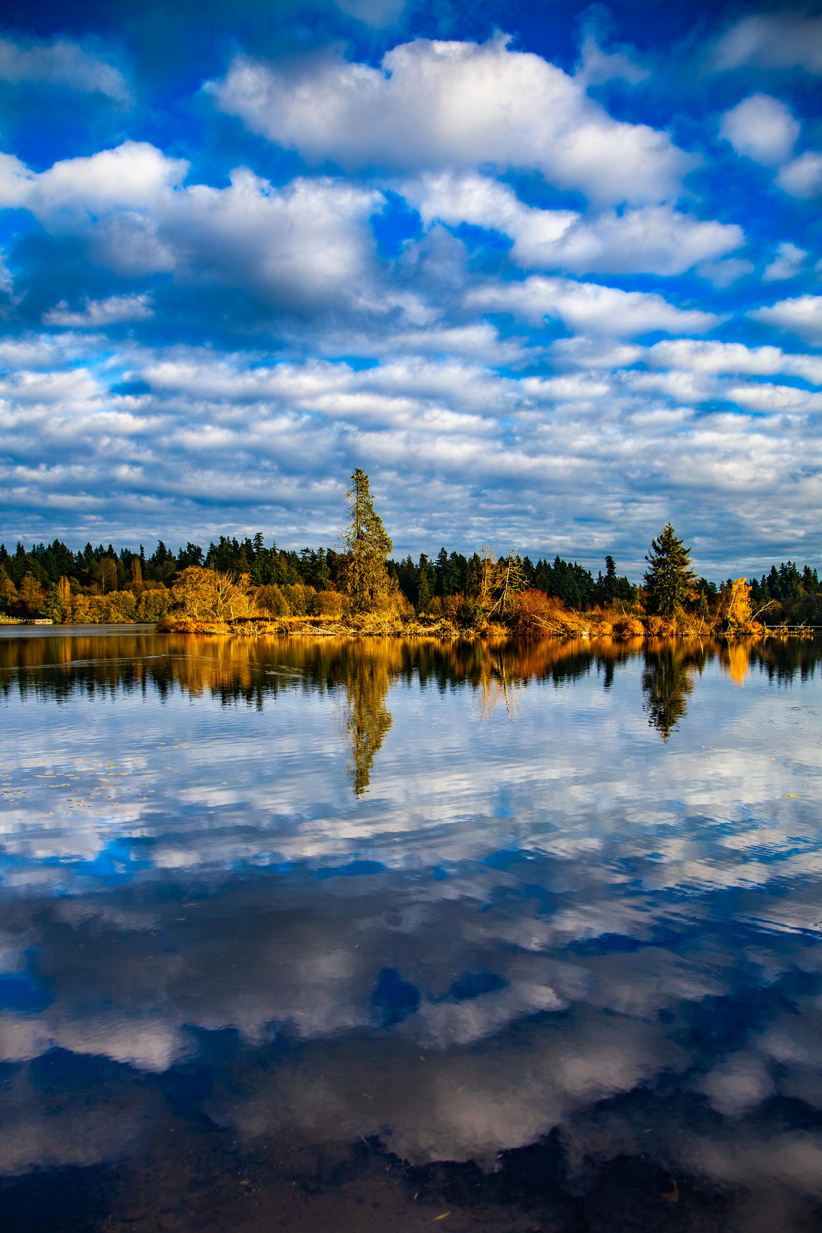 Clouds reflected in a calm lake Esperance Washington United States