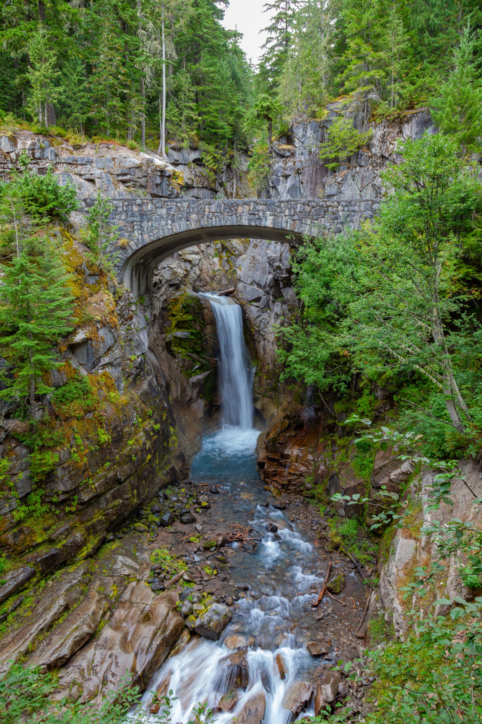 Stone Bridge Over Waterfall Mount Rainier Washington State United States