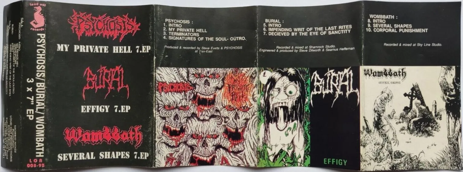 Psychosis / Burial / Wombbath 3 x 7" EP cover
